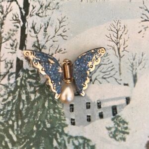 Vintage Blue Butterfly White Bead Brooch